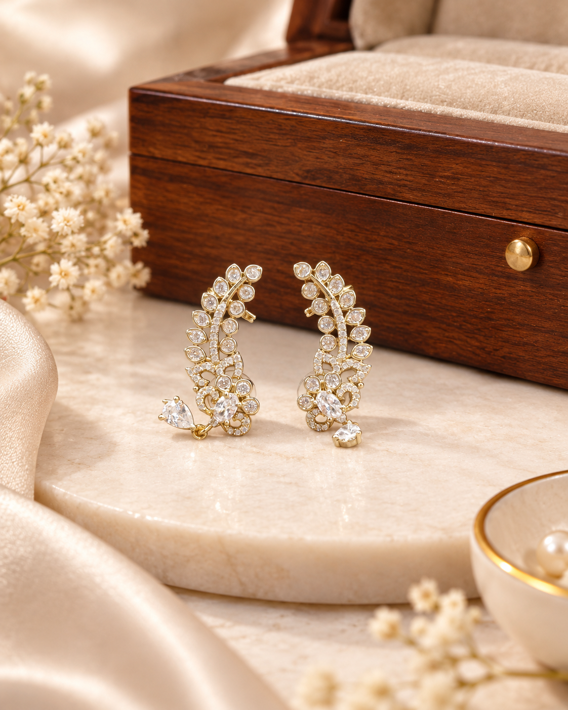 Leaf Ear Climber Earrings Gold Tone Feather Crawler Studs